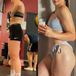 Zdjęcie typu przed i po, prezentujące zmianę sylwetki kobiety; po lewej stronie kobieta w sportowym stroju w siłowni, po prawej stronie kobieta w bieliźnie pozująca do selfie w domu.