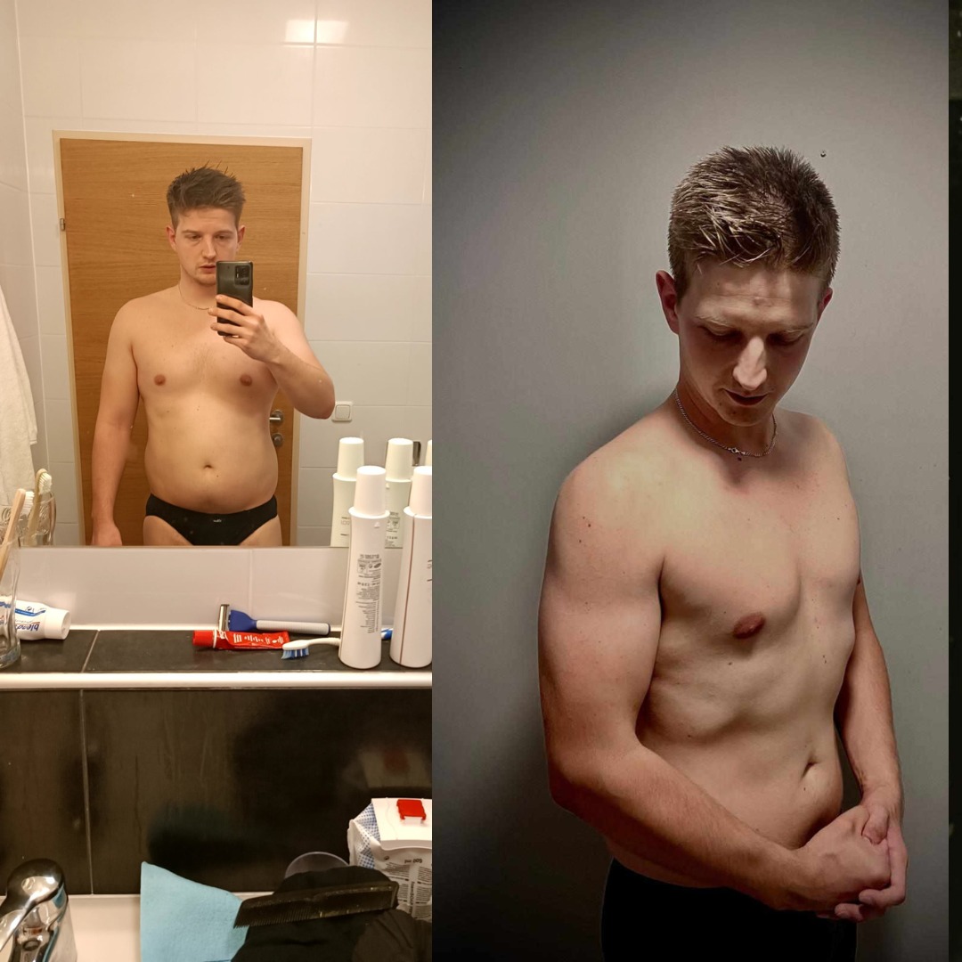 Mężczyzna pozujący do zdjęcia przed i po zmianie sylwetki, widoczny progres w budowie mięśni.
