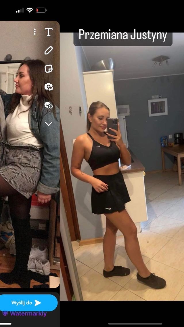 Zdjęcie 'przed i po' przedstawiające transformację sylwetki kobiety, widoczne zmiany w budowie ciała i kompozycji ubioru, ukazujące efekt treningów personalnych.