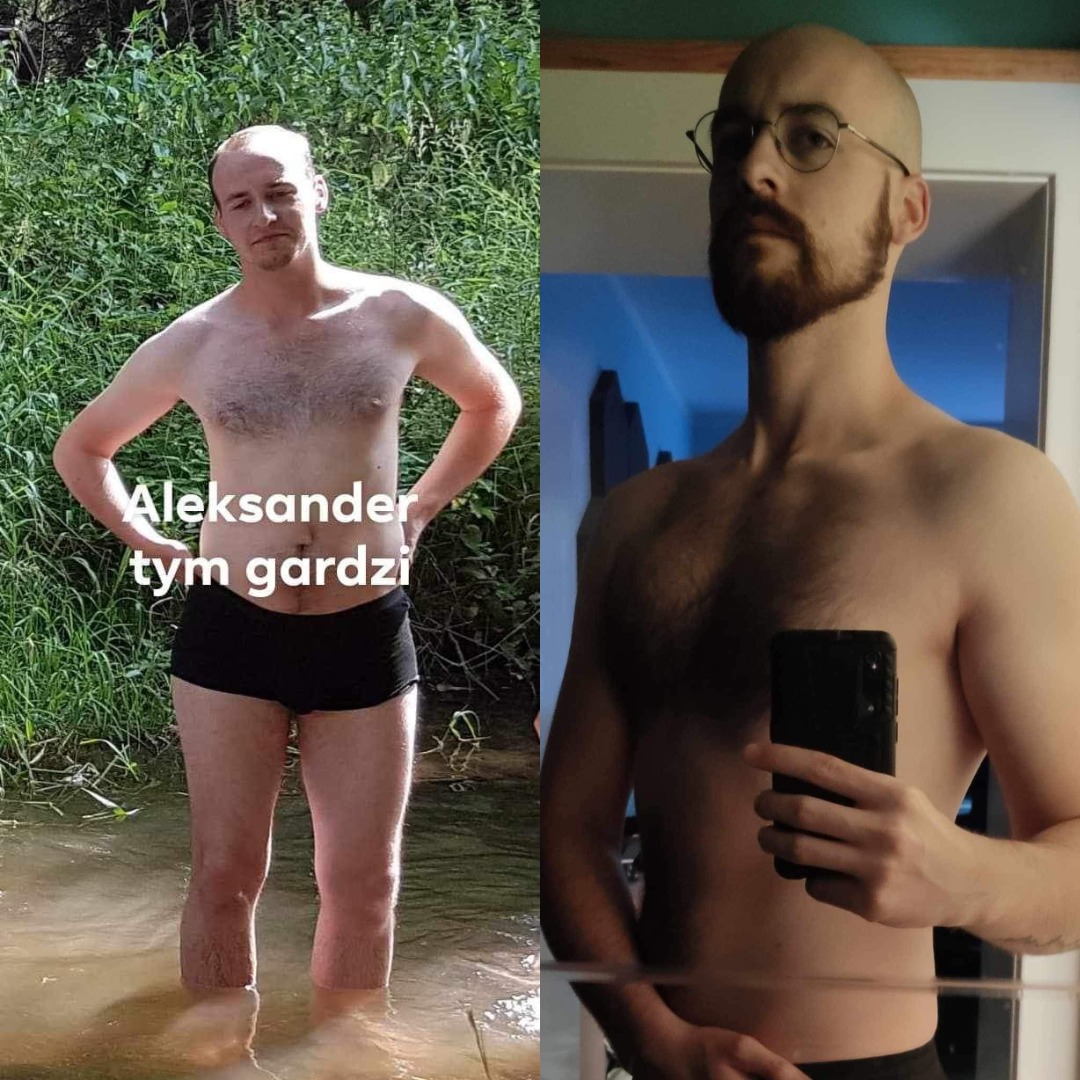 Zdjęcie typu 'przed i po' przedstawiające mężczyznę przed i po zmianie sylwetki. Po lewej stronie mężczyzna stoi w wodzie na tle zieleni, po prawej stronie mężczyzna robi sobie selfie w lustrze.