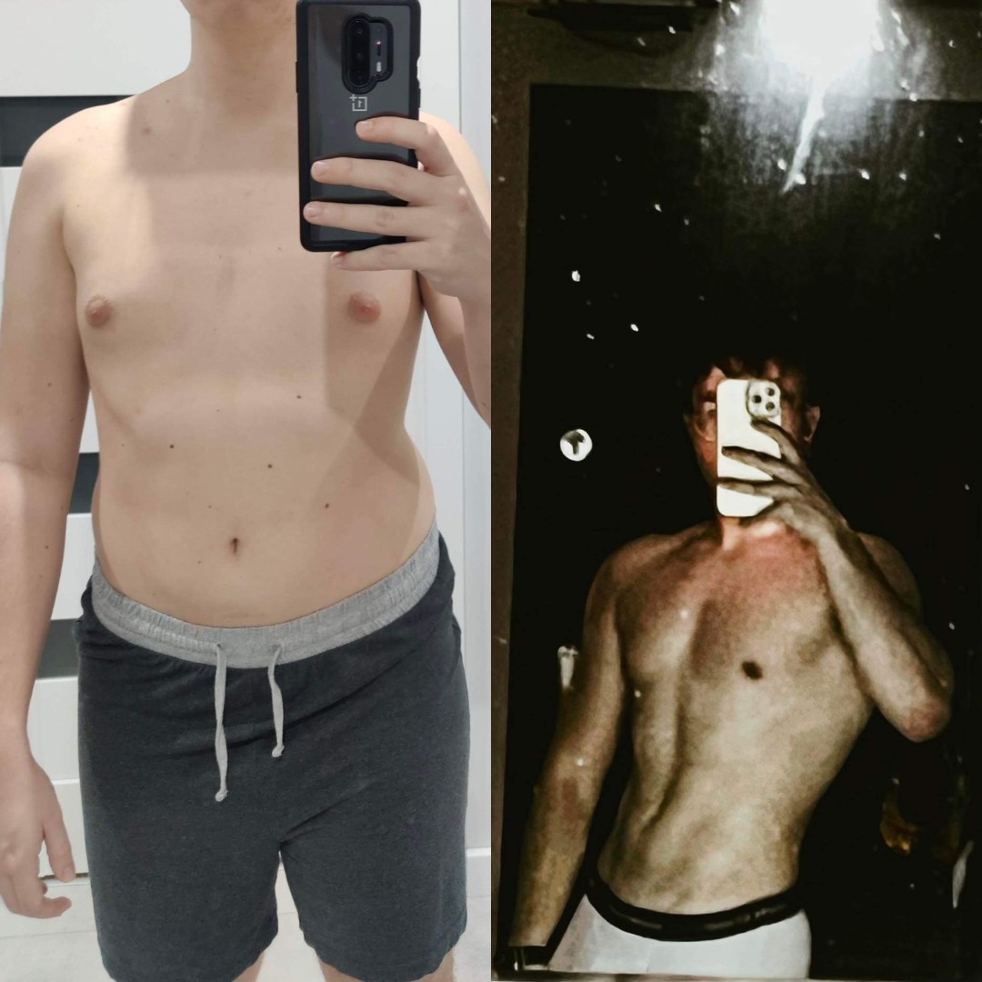 Porównanie sylwetki mężczyzny przed i po treningu, widoczne zmiany w budowie ciała, zdjęcie typu 'przed i po' zrobione telefonem.