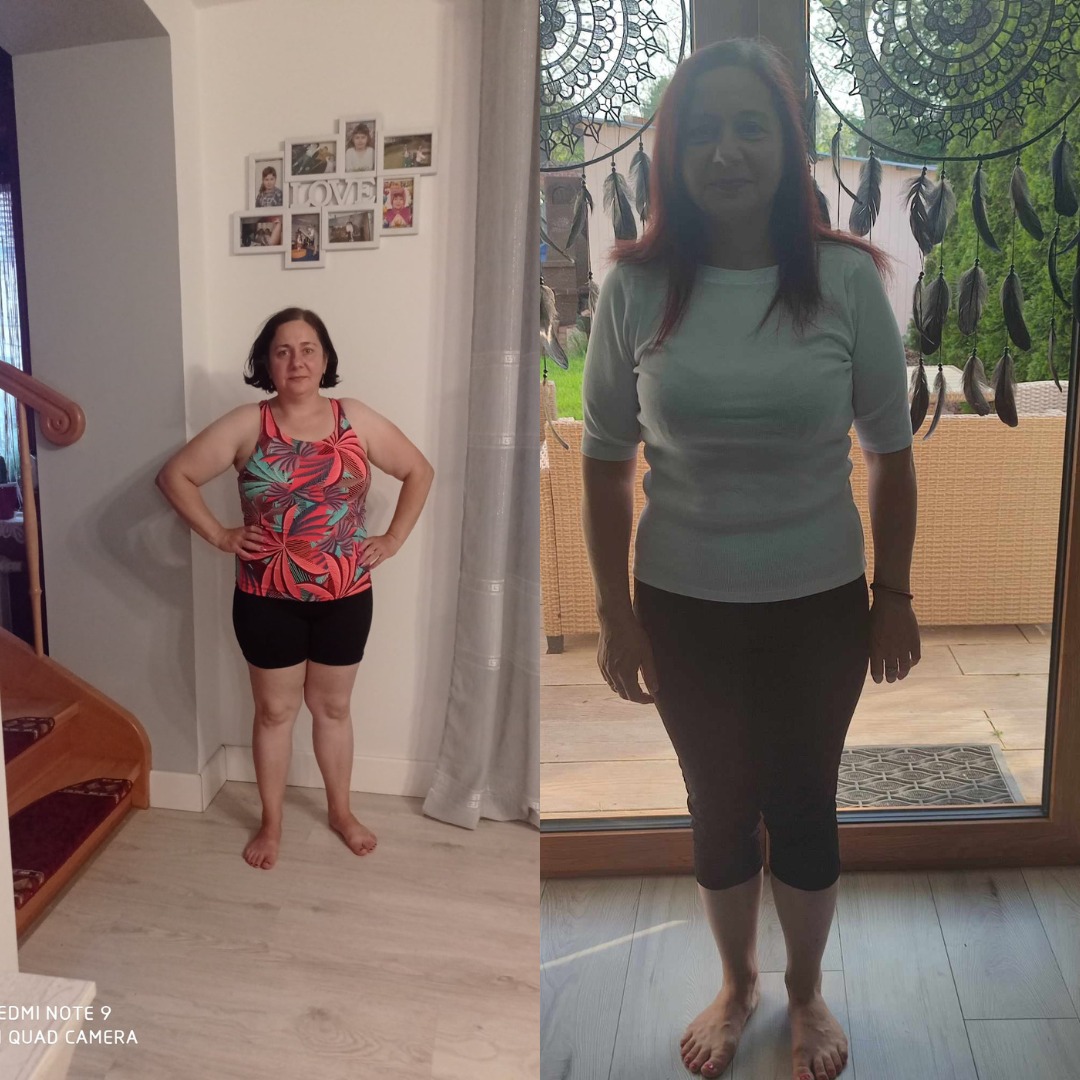 Kobieta prezentuje swoją sylwetkę przed i po zmianie wagi, na zdjęciu widoczne różnice w wyglądzie.
