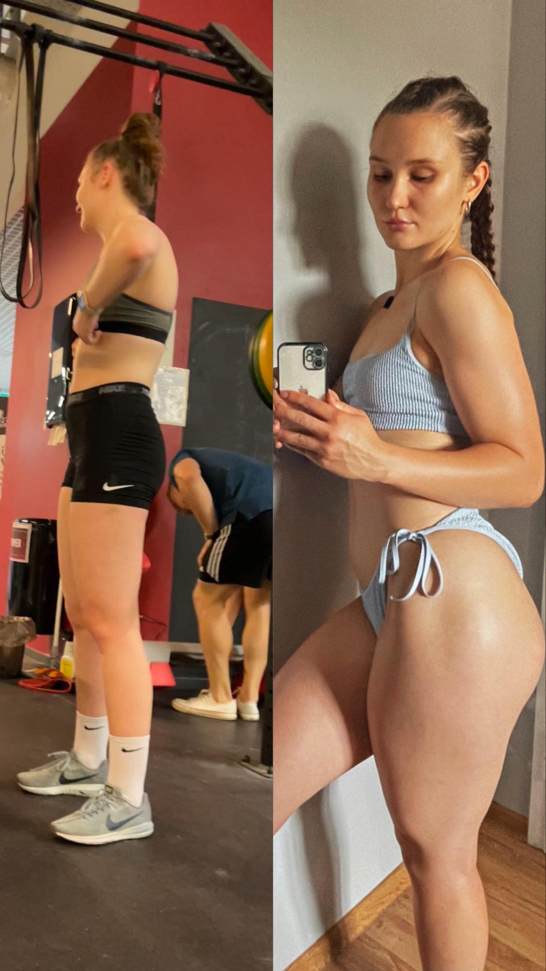 Zdjęcie typu przed i po, prezentujące zmianę sylwetki kobiety; po lewej stronie kobieta w sportowym stroju w siłowni, po prawej stronie kobieta w bieliźnie pozująca do selfie w domu.