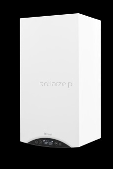 Biały, wiszący piec gazowy marki Termet na czarnym tle, z widocznym panelem sterowania i wyświetlaczem temperatury. Na obudowie delikatny znak wodny 'kotlarze.pl'.