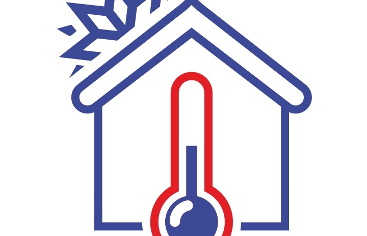 Stylizowany, niebiesko-czerwony ikona domu z termometrem wskazującym temperaturę i płatkiem śniegu symbolizującym chłodzenie.