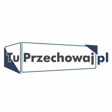 Logo firmy 'Tu Przechowaj.pl' w formie graficznej, przedstawiające biały, prostokątny kontener z napisem, z ciemnogranatowymi elementami w rogach, sugerujące przestrzeń magazynową.