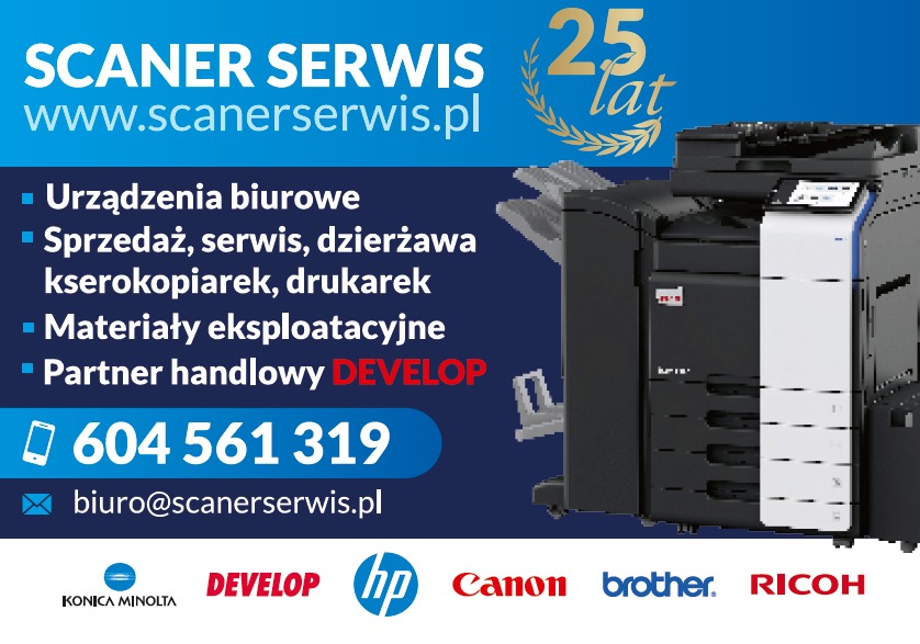 Grafika reklamowa firmy Scaner Serwis z okazji 25-lecia, prezentująca kserokopiarkę i informacje o ofercie: sprzedaż, serwis, dzierżawa urządzeń biurowych, materiały eksploatacyjne oraz partnerstwo...