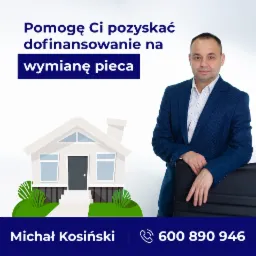 Mężczyzna w niebieskiej marynarce opiera się o krzesło, obok grafika domu i tekst 'Pomogę Ci pozyskać dofinansowanie na wymianę pieca', w dolnej części imię i nazwisko oraz numer telefonu.