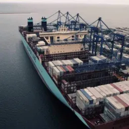 Kontenerowiec Maersk Line załadowany kontenerami, cumujący w porcie z dźwigami nabrzeżnymi, widok z lotu ptaka.