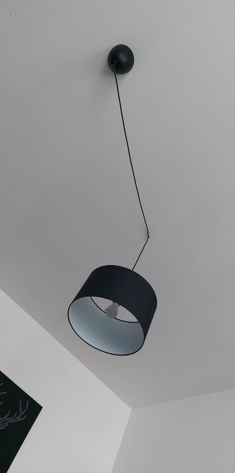 Czarna lampa wisząca z abażurem, zamontowana na białym suficie, widoczna żarówka wewnątrz abażuru.