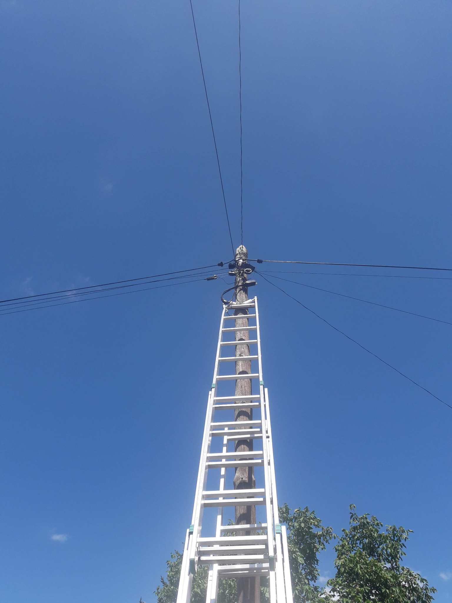 Drewniany słup telegraficzny z przewodami i osprzętem, na którym oparta jest aluminiowa drabina, sfotografowany z dołu na tle błękitnego nieba.