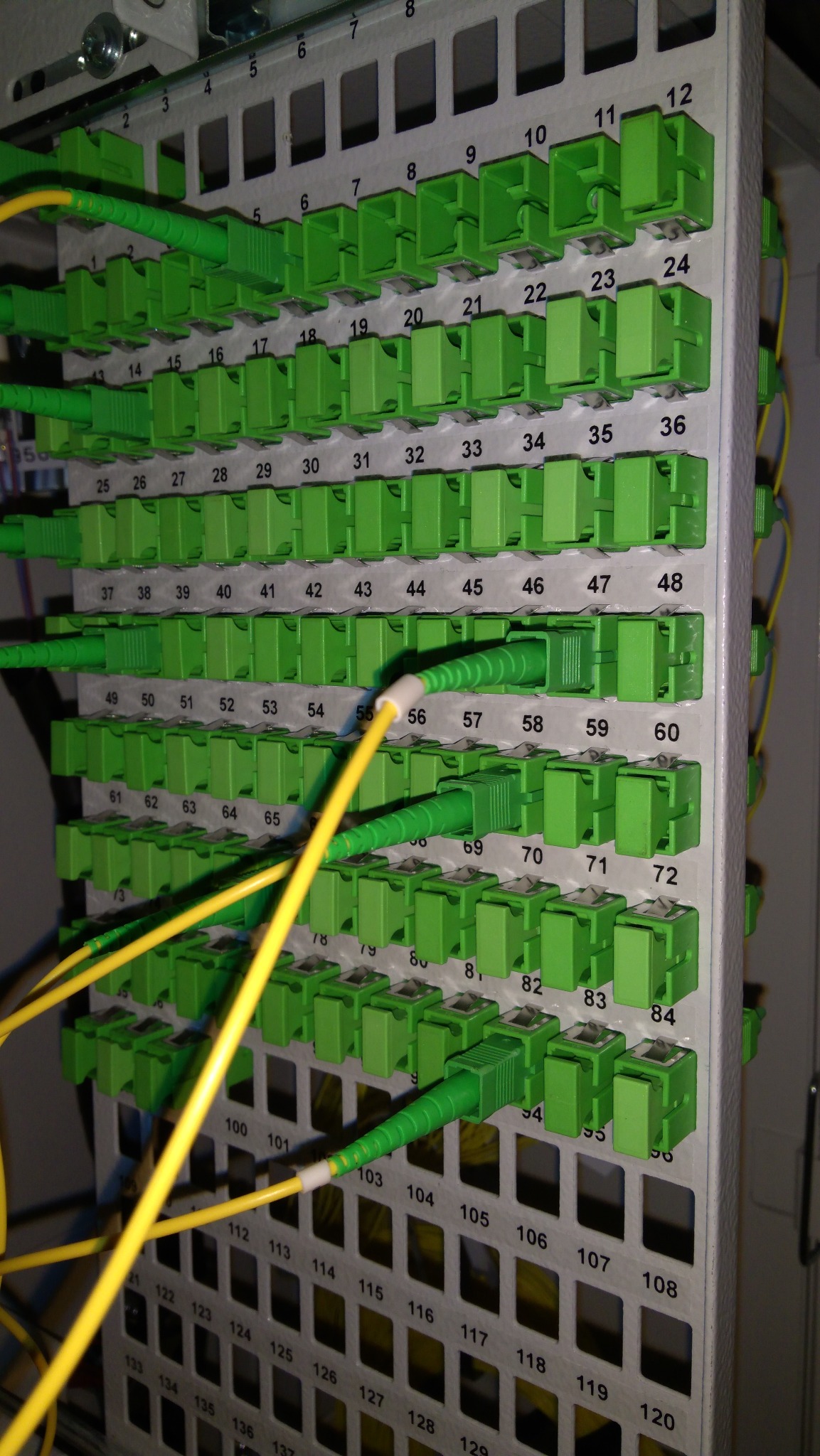 Panel krosowniczy światłowodowy z licznymi zielonymi złączami, w które wpięte są kable światłowodowe w kolorze zielonym i żółtym. Widoczne numery portów od 1 do 120.