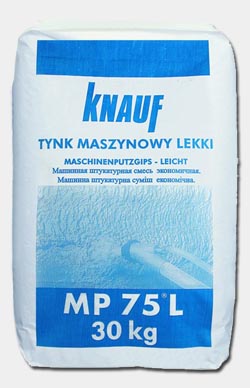 Worek białego tynku gipsowego Knauf MP 75L, z niebieskimi napisami i ilustracją dyszy natryskującej