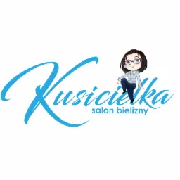 Logo salonu bieliźnianego 'Kusiciełka' z kreskówkową postacią kobiety w okularach siedzącej na niebieskim napisie.