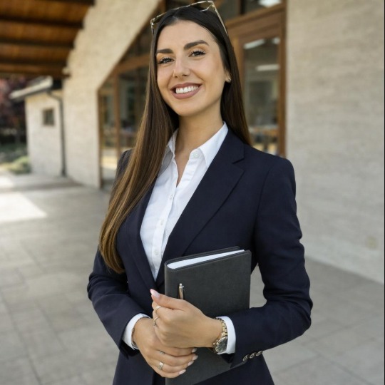 Uśmiechnięta kobieta w granatowym garniturze, trzymająca czarny notatnik i długopis, z okularami na głowie, na tle jasnego budynku.
