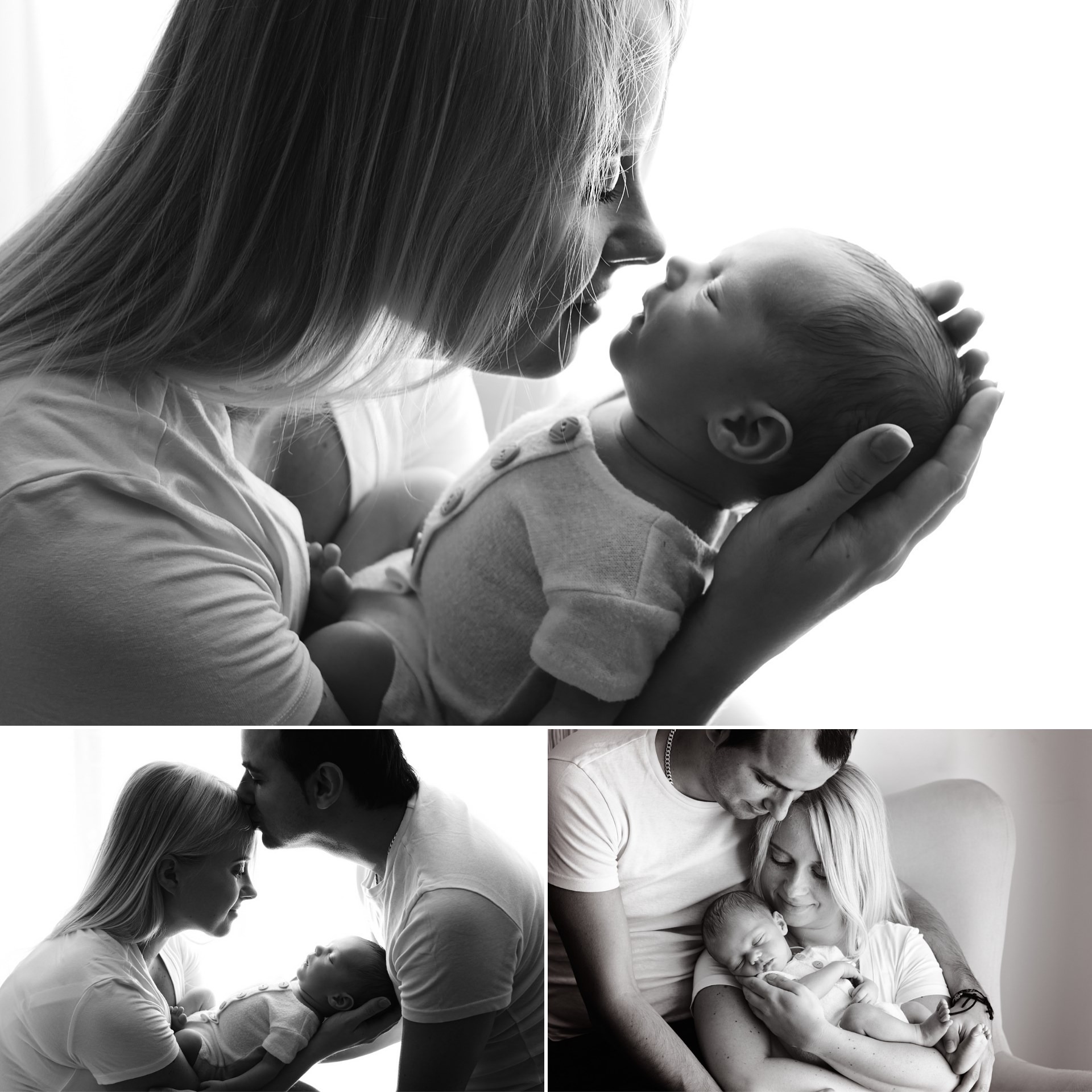 Czarno-biała kompozycja trzech ujęć: matka trzymająca noworodka twarzą w twarz, ojciec całujący matkę w czoło, rodzice trzymający śpiącego noworodka.
