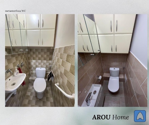 Dwa ujęcia odnowionej, małej toalety z beżowymi płytkami, wiszącymi szafkami nad toaletą i umywalką, oraz uchwytem dla niepełnosprawnych.