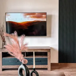 Nowoczesny salon z telewizorem, drewnianą szafką RTV z szufladami w kolorze granatowym, dekoracyjną ścianą z czarnych paneli pionowych oraz czarnymi wazonami z suszonymi kwiatami i świecą...