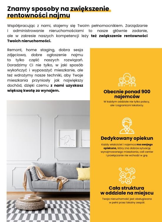 Grafika reklamowa: zwiększenie rentowności najmu. Szary salon z kanapą, żółte akcenty, informacje o 900 najemcach i dedykowanym opiekunie. Cała struktura na miejscu.