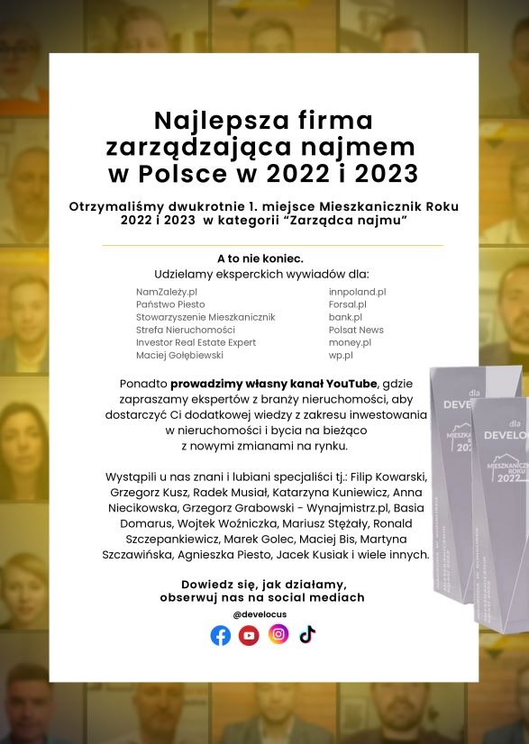 Informacja o nagrodzie dla firmy zarządzającej najmem w Polsce w 2022 i 2023, lista ekspertów i linki do social mediów. Nagroda Mieszkanicznik Roku.