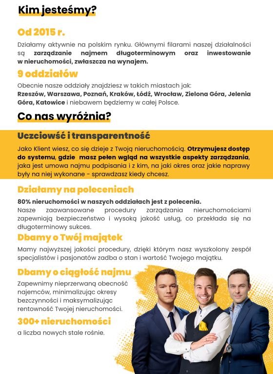 Informacyjny baner firmy zarządzającej najmem długoterminowym. Tekst o transparentności, doświadczeniu i dbałości o majątek klienta. Trzech uśmiechniętych mężczyzn w garniturach.