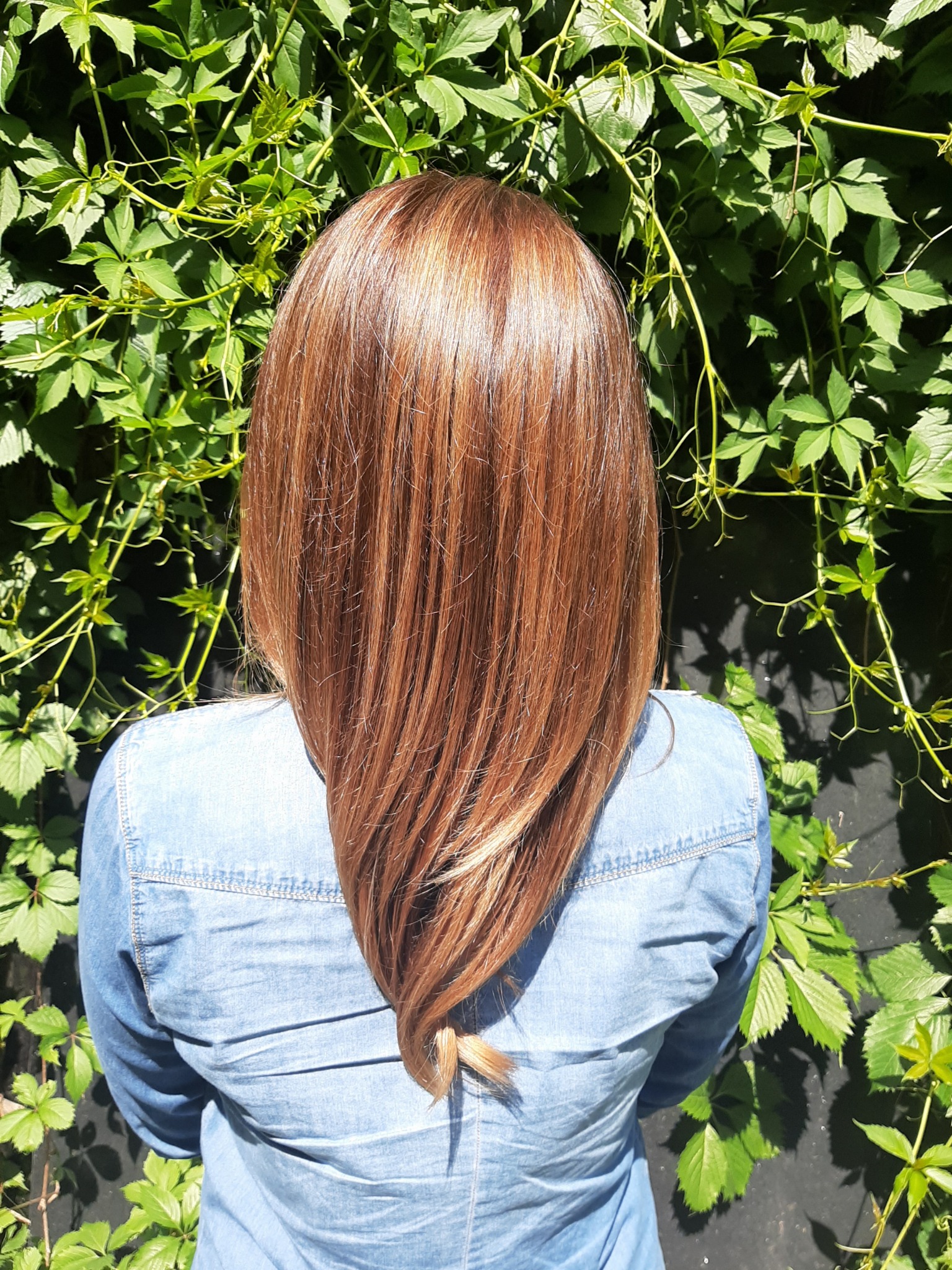 Długie, proste, brązowo-złote włosy z delikatnymi refleksami, widoczne od tyłu na tle ściany porośniętej zielonym bluszczem. Końcówki włosów delikatnie podwinięte.