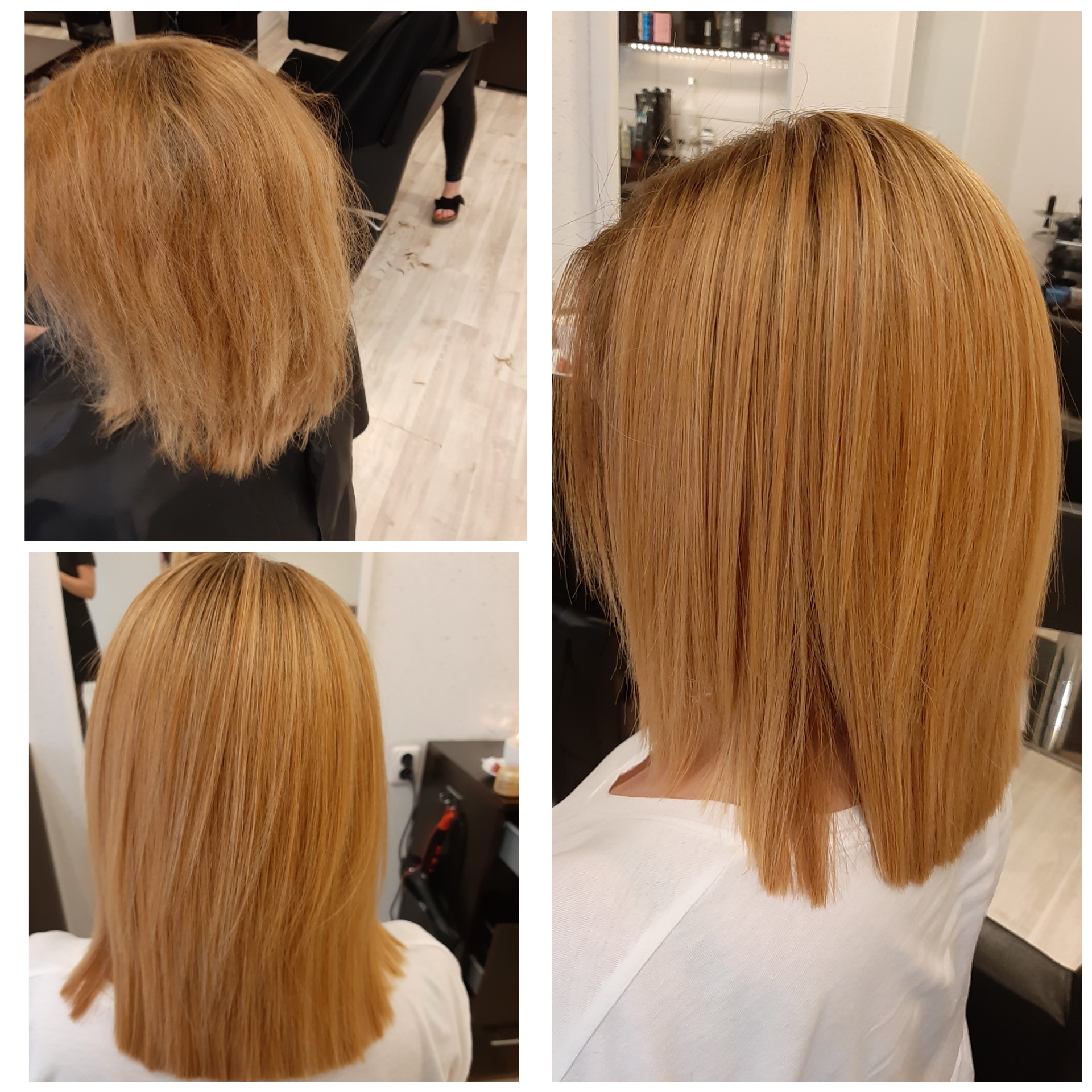 Kolaż przedstawiający włosy w odcieniach blondu przed i po strzyżeniu, ukazujący różnicę w długości i teksturze.
