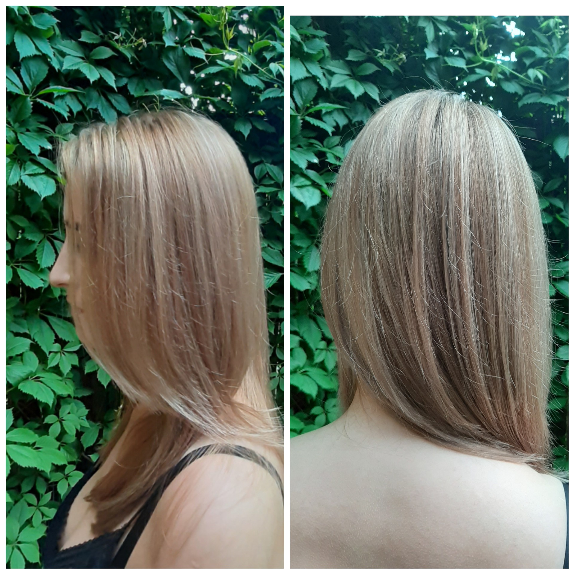 Dwa ujęcia włosów po koloryzacji w salonie w Krakowie: profil i tył głowy na tle zieleni, ukazujące chłodny blond z delikatnymi refleksami.