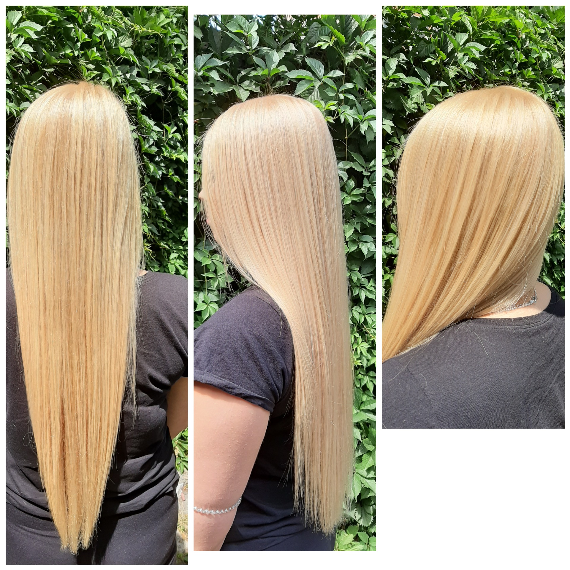 Potrójne ujęcie długich, prostych, platynowych włosów na tle zielonych liści, prezentujące efekt koloryzacji z tyłu, z boku i pod kątem.