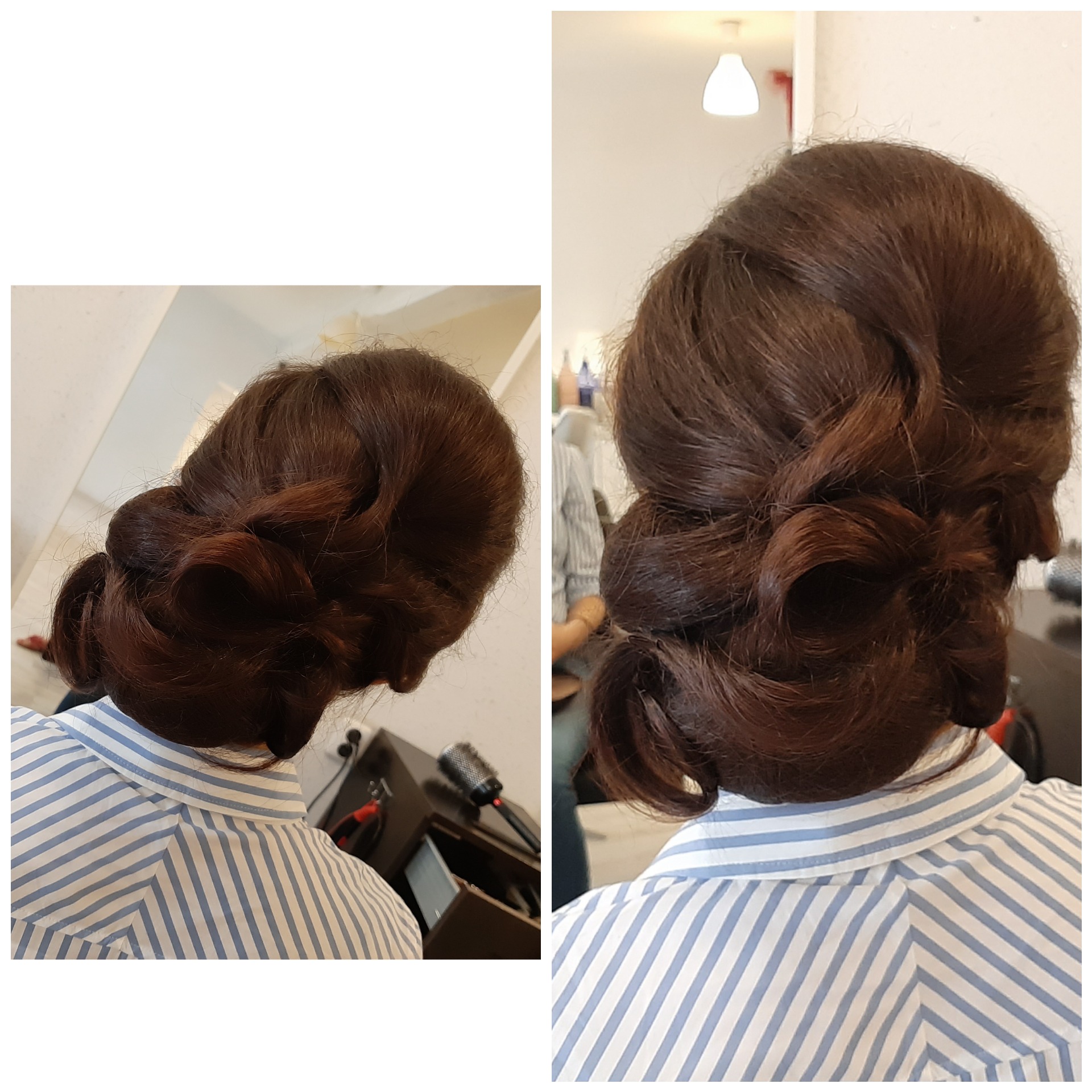 Upięcie z brązowych włosów z tyłu głowy, widoczne skręcone pasma i upięcie w kok, na drugim planie fragment fryzjerskiego stanowiska i lampa sufitowa.