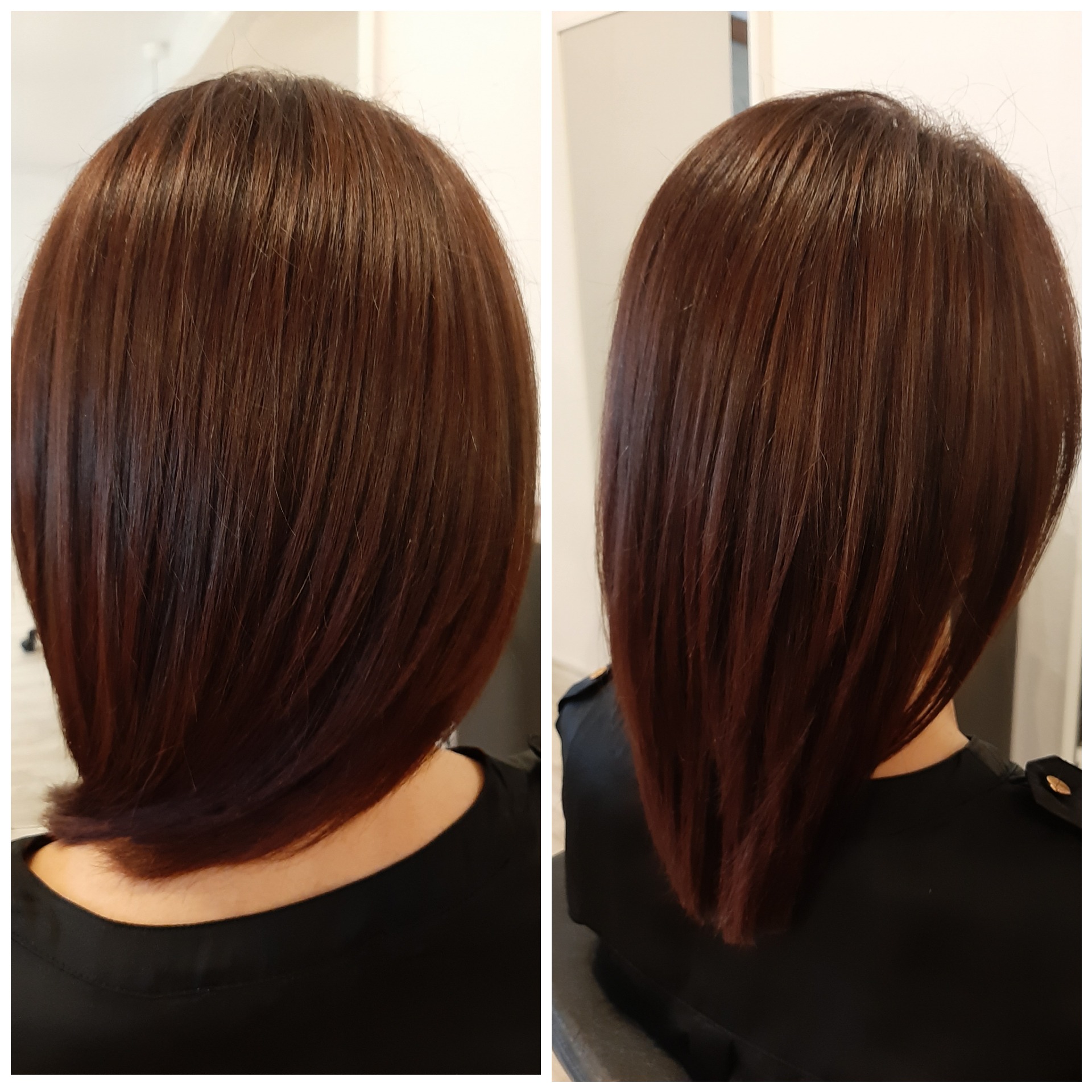 Widok z tyłu brązowych, lśniących włosów o asymetrycznym cięciu bob, z lewej strony krótsze, z prawej dłuższe, na tle białej ściany i drzwi.