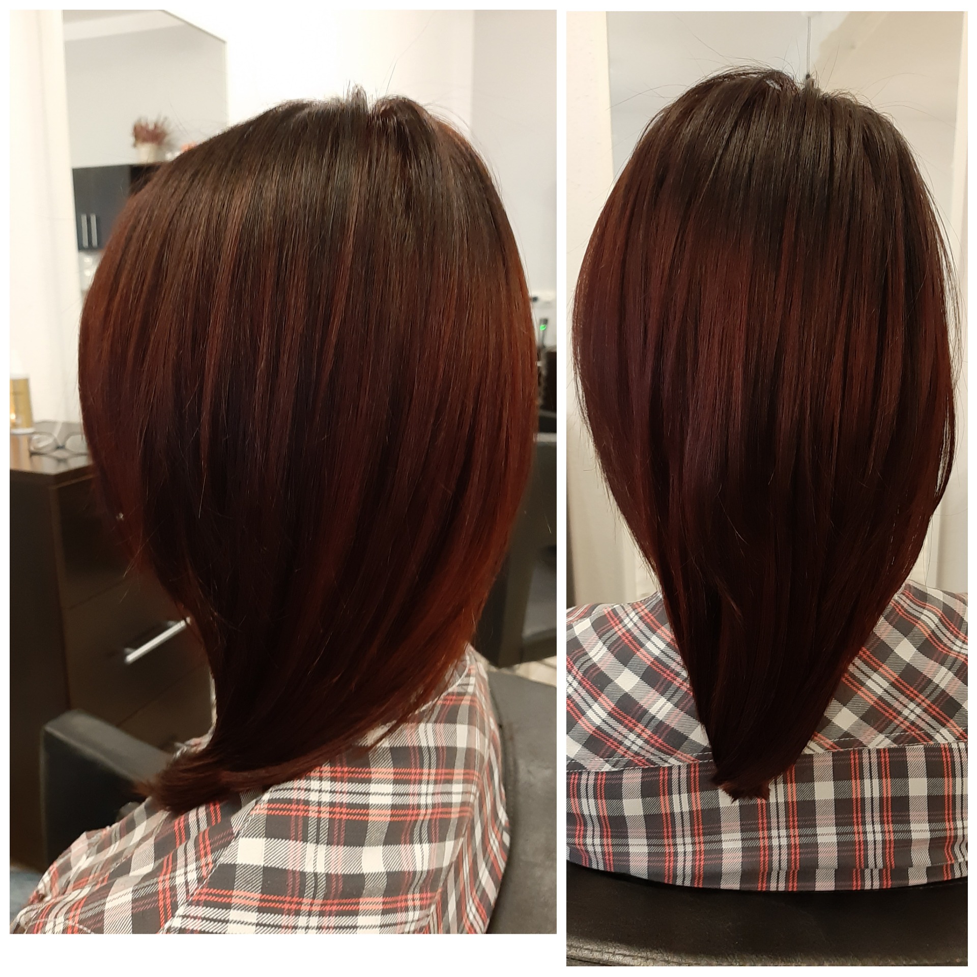 Dwa ujęcia z tyłu głowy z nową, ciemnoczerwoną fryzurą bob z lekko podwiniętymi końcówkami, włosy sięgają do karku, klientka w kraciastej koszuli.