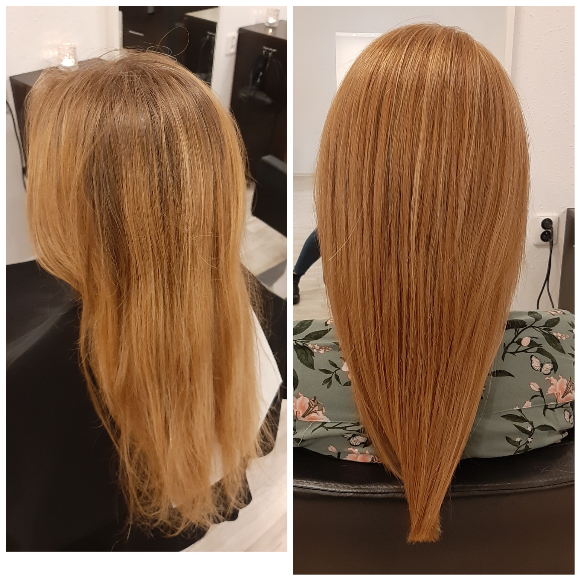 Dwa ujęcia tej samej głowy z włosami w odcieniach blondu i miedzi: po lewej włosy przed koloryzacją, matowe i z odrostami, po prawej włosy po koloryzacji, błyszczące i w jednolitym odcieniu miedzi.