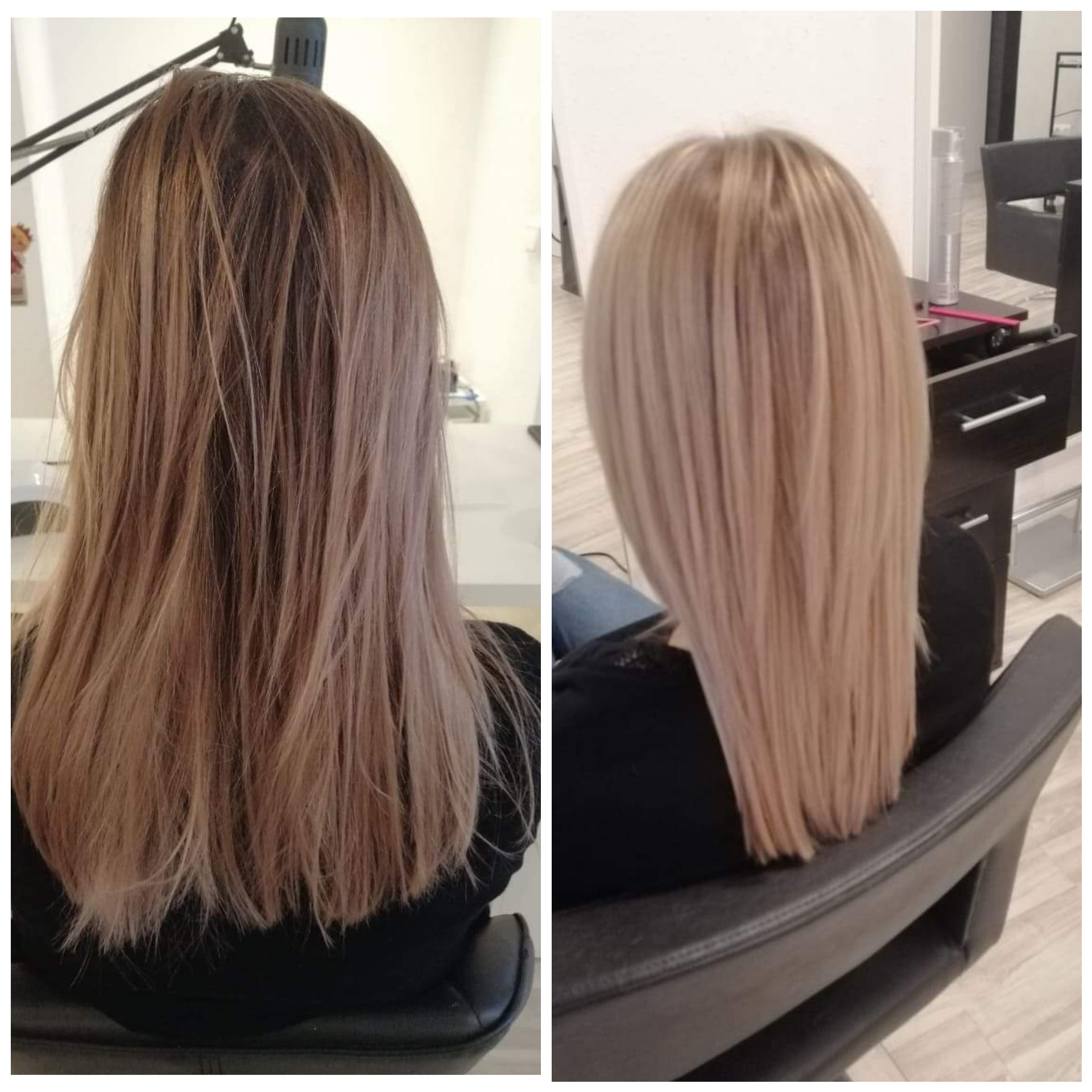 Porównanie koloryzacji włosów: przed - brązowo-blond ombre z odrostami, po - jednolity, chłodny blond z prostym cięciem na długości ramion.