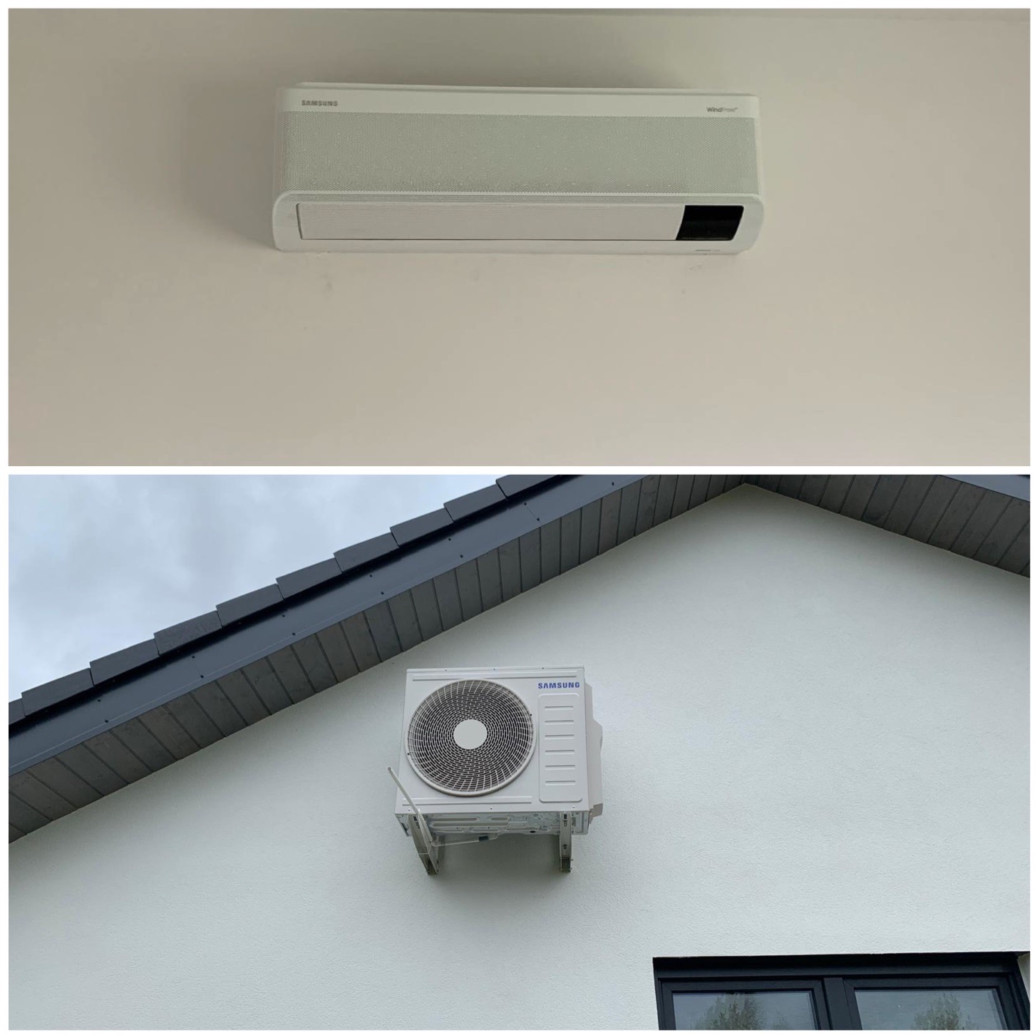 Biały klimatyzator Samsung WindFree zamontowany na ścianie wewnątrz pomieszczenia oraz jednostka zewnętrzna zamontowana na elewacji domu pod okapem dachu.