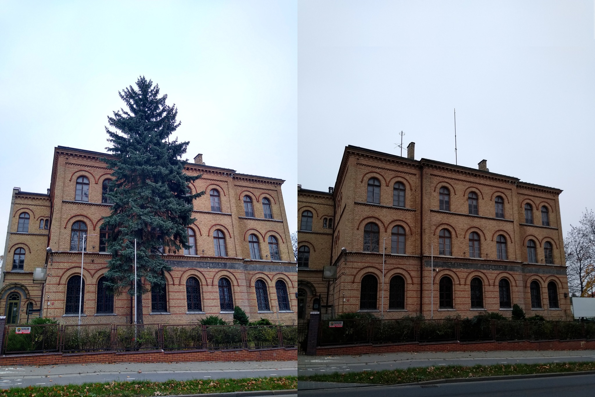 Dwuczęściowe zdjęcie budynku z żółtej cegły z wysokim drzewem iglastym z przodu, widok z poziomu ulicy.