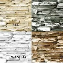 Prezentacja czterech wariantów kolorystycznych kamienia dekoracyjnego Incana: beżowy, szary, waniliowy i brązowy, ułożonych w formie kwadratu.