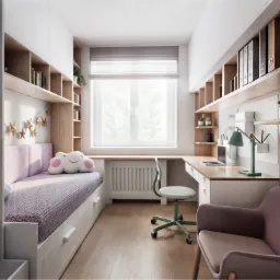 Pokój dziecięcy z łóżkiem z szufladami, biurkiem z lampką, krzesłem na kółkach i półkami na książki w zabudowie, oświetlony naturalnym światłem z okna.