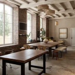 Przestronne wnętrze z surowymi ceglanymi ścianami, dużymi oknami, drewnianymi belkami stropowymi i minimalistycznym oświetleniem, wyposażone w drewniane stoły i krzesła tworzące otwartą przestrzeń...