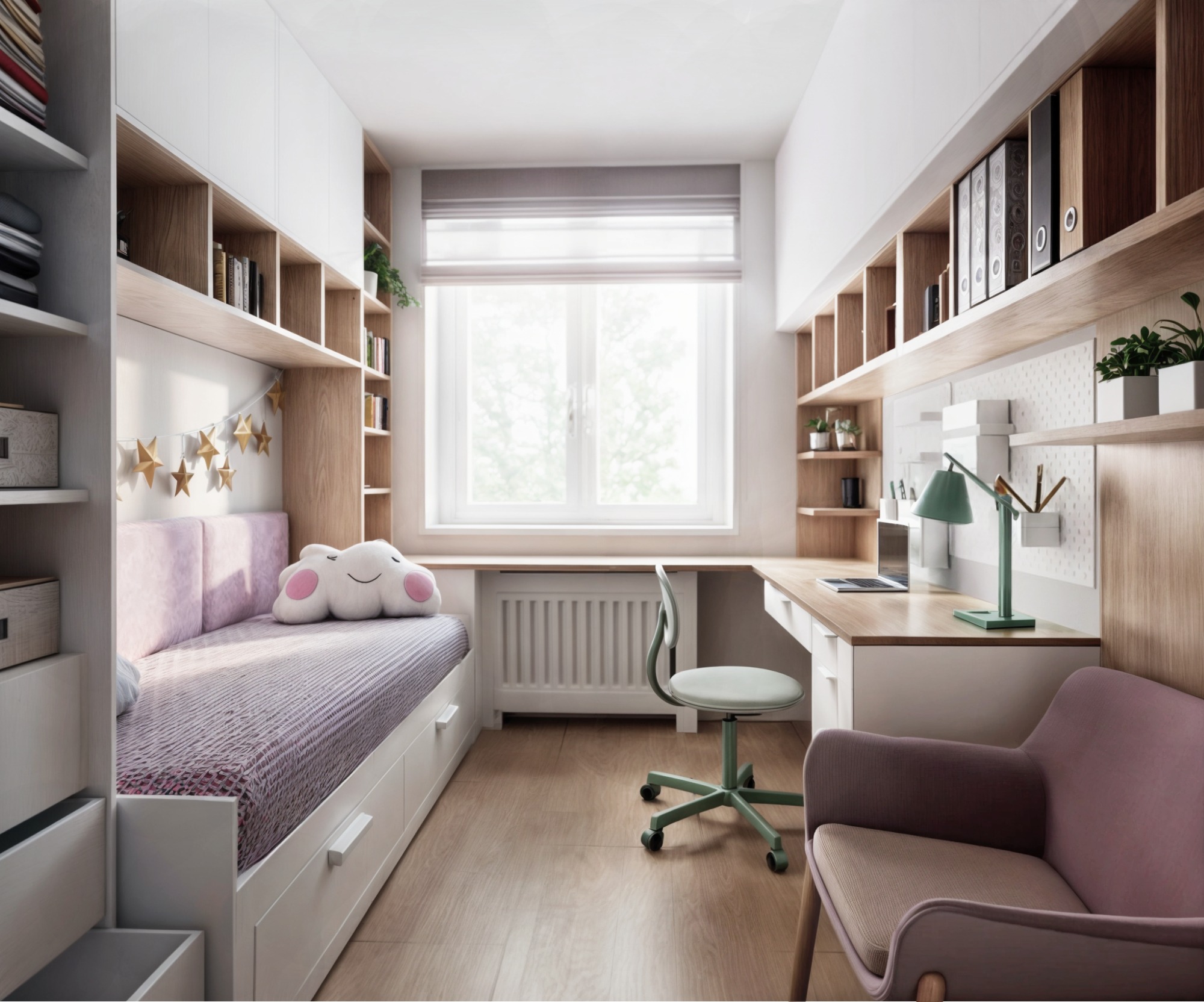 Pokój dziecięcy z łóżkiem z szufladami, biurkiem z lampką, krzesłem na kółkach i półkami na książki w zabudowie, oświetlony naturalnym światłem z okna.