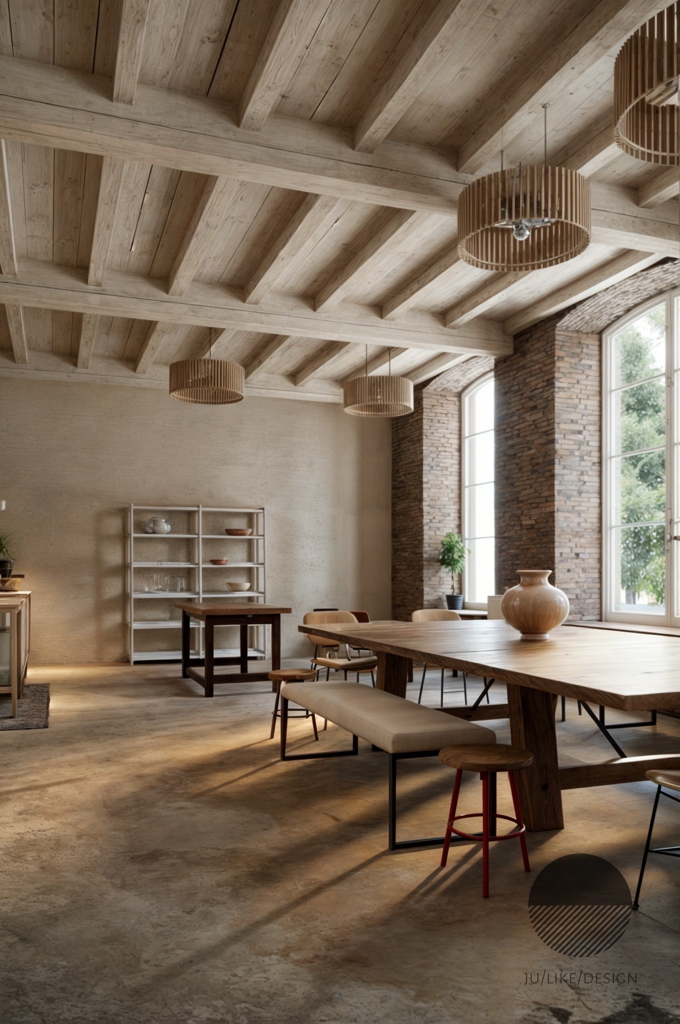 Projekt pracowni garncarskiej z miejscem do relaksu i wypicia kawy.