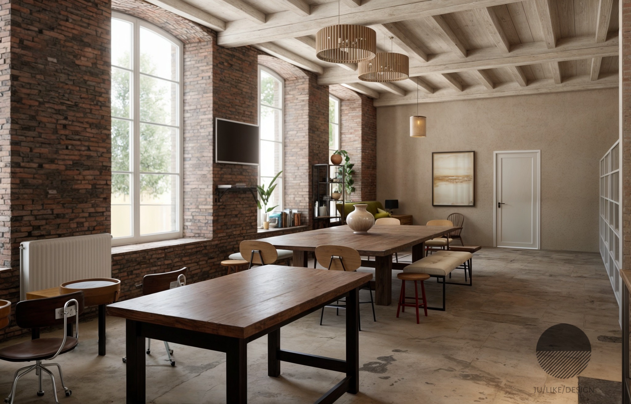 Przestronne wnętrze z surowymi ceglanymi ścianami, dużymi oknami, drewnianymi belkami stropowymi i minimalistycznym oświetleniem, wyposażone w drewniane stoły i krzesła tworzące otwartą przestrzeń...