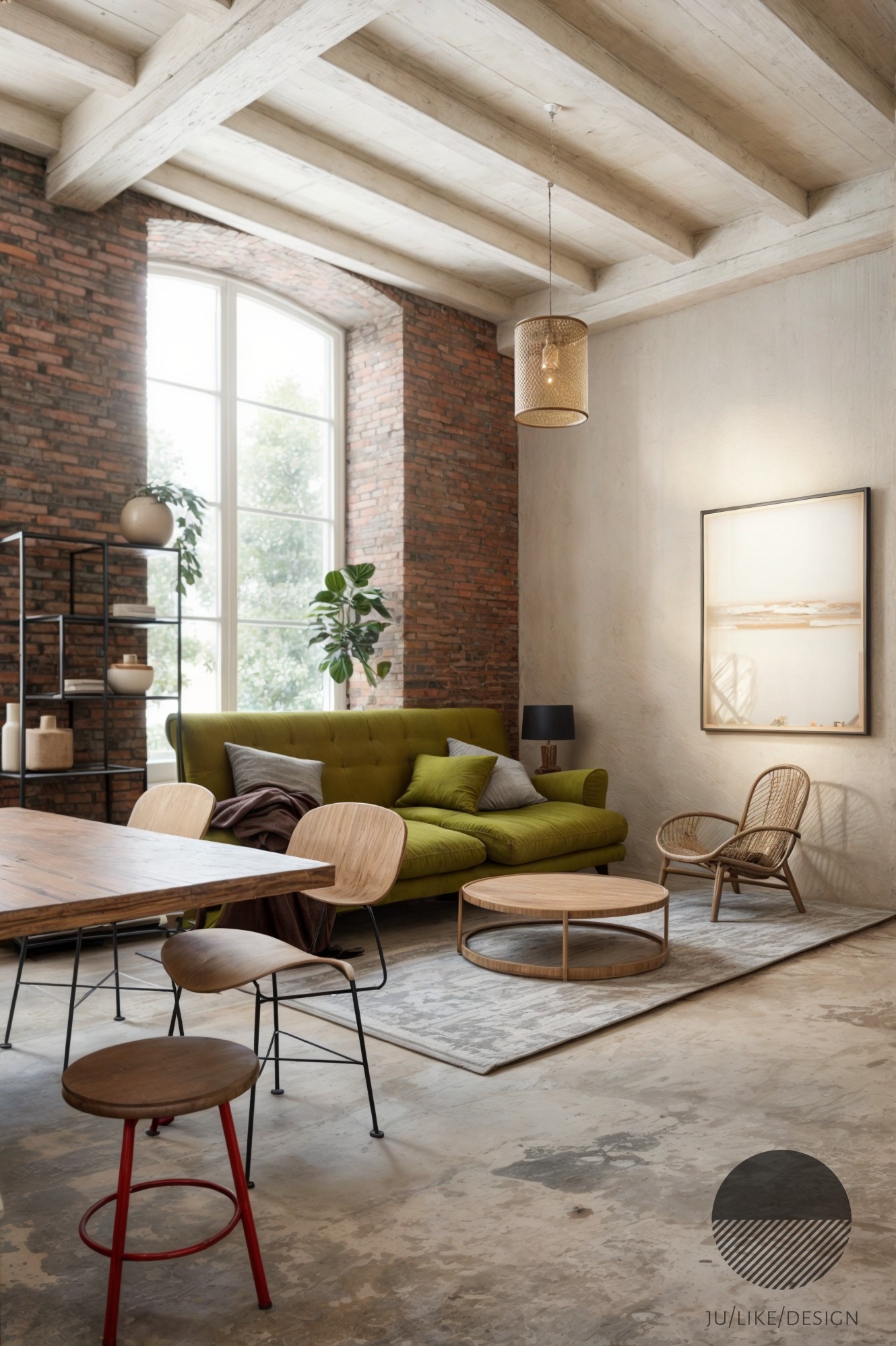 Wnętrze pracowni garncarskiej z ceglaną ścianą, zieloną sofą, drewnianym stołem i krzesłami, oświetlone wiszącą lampą z ażurowym abażurem.