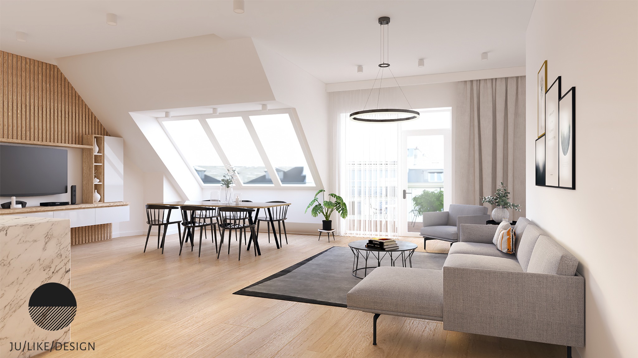 Projekt salonu z aneksem kuchennym w stylu skandynawskim.