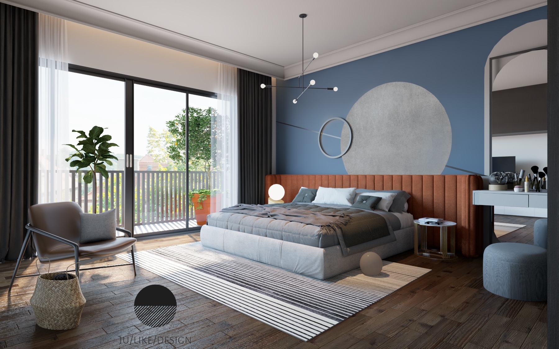 Projekt sypialni z motywem kosmosu.