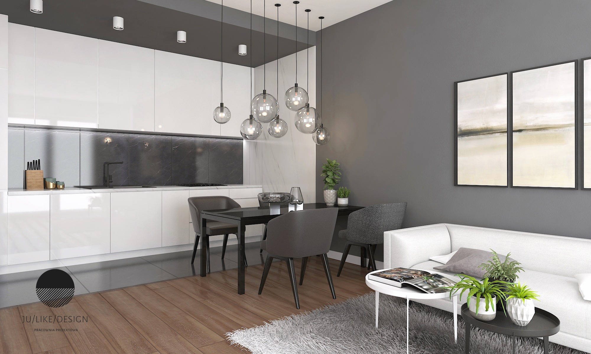 Wizualizacja salonu z aneksem kuchennym: białe, lakierowane szafki kuchenne z czarnym blatem, stół jadalny z szarymi krzesłami, szary dywan, biała sofa i stolik kawowy z książką, oświetlenie...