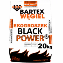 Worek ekogroszku 'Black Power' marki Bartex o wadze 20 kg, z informacjami o granulacji, kaloryczności i zawartości popiołu, na białym tle.