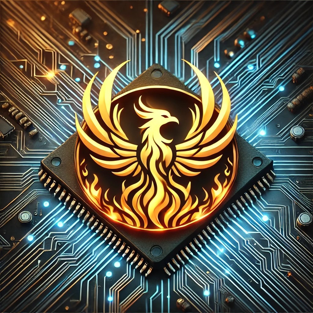 Złoty feniks na czarnym mikroprocesorze z płomieniami, umieszczony na tle płyty głównej komputera z niebieskimi diodami LED.