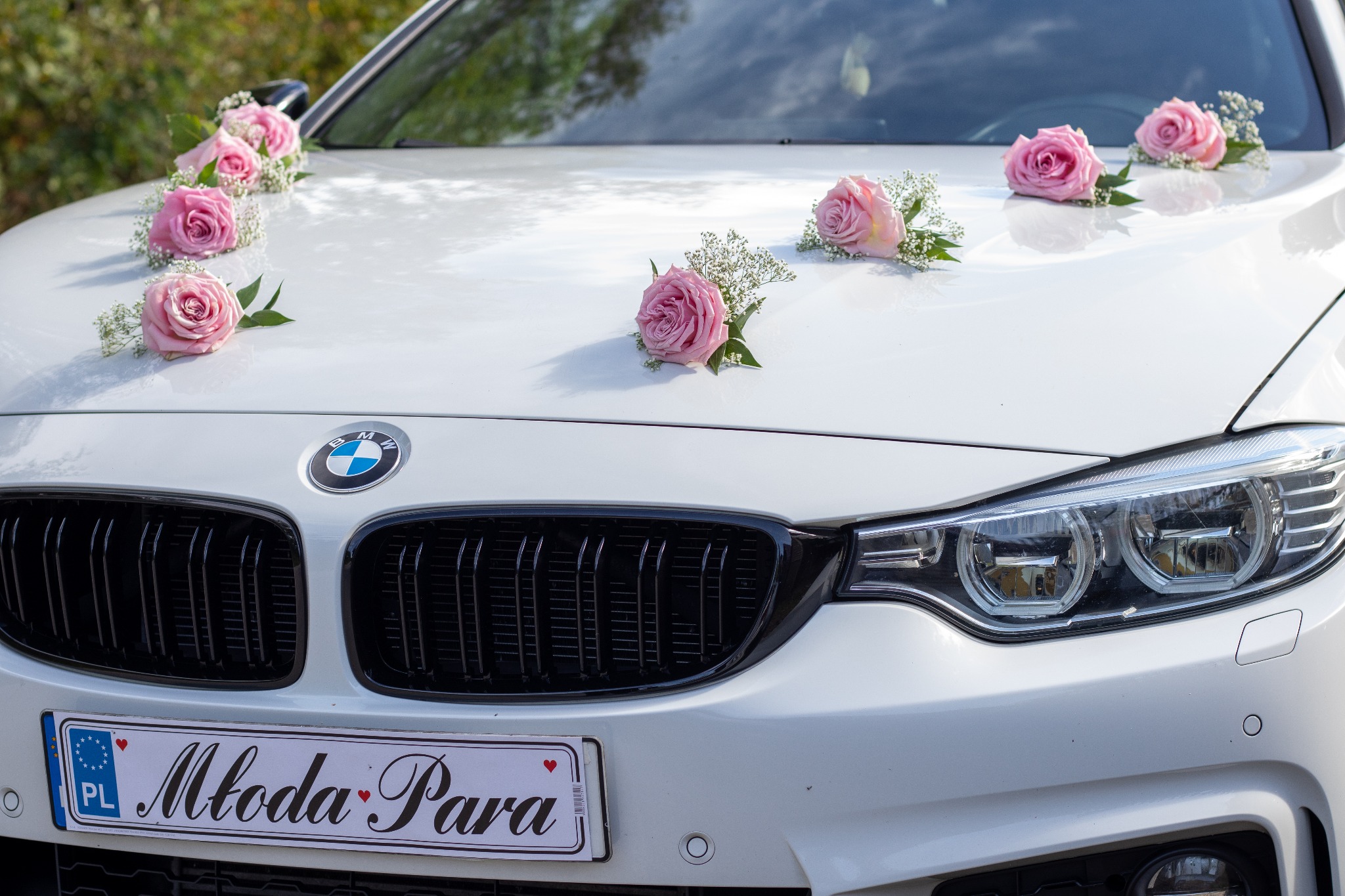 Biały samochód BMW udekorowany różowymi różami i gipsówką na masce, tablica rejestracyjna z napisem 'Młoda Para'.