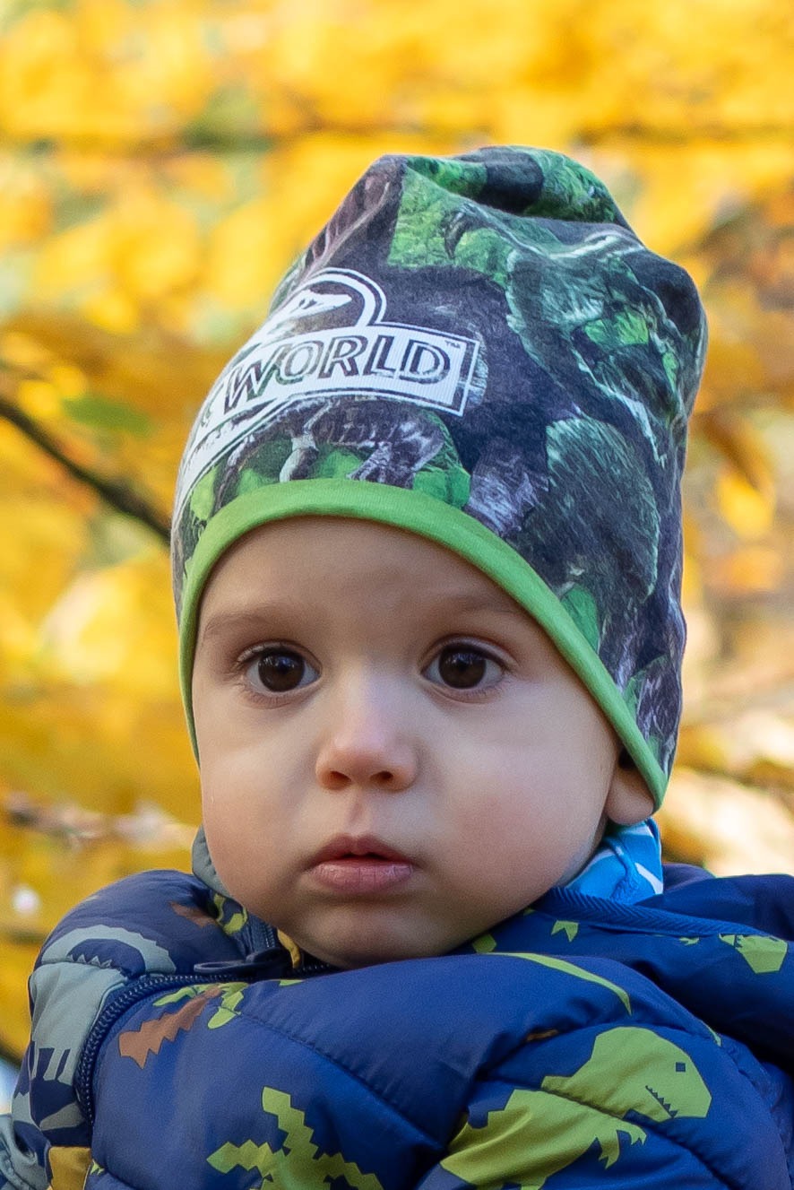 Portret małego dziecka w czapce z motywem Jurassic World i niebieskiej kurtce z dinozaurami, na tle rozmytych, jesiennych liści.